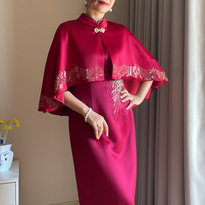 2025新款喜妈妈旗袍披肩v高档婆婆婚宴礼服外搭小外套高端大气高