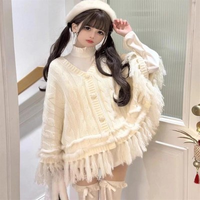 慵懒风甜美气质叠穿设计软糯毛衣外套女针织N斗篷流苏V领披肩上衣