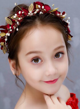 儿童红色古风发饰女童发箍头花花童公主头饰中国风汉服演出配饰