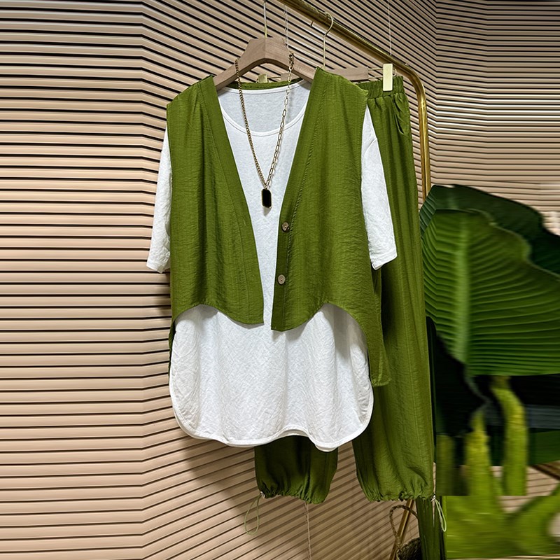 加肥大码女装圆领打底衫马甲外搭休闲长裤M胖妹妹简约夏季款两件