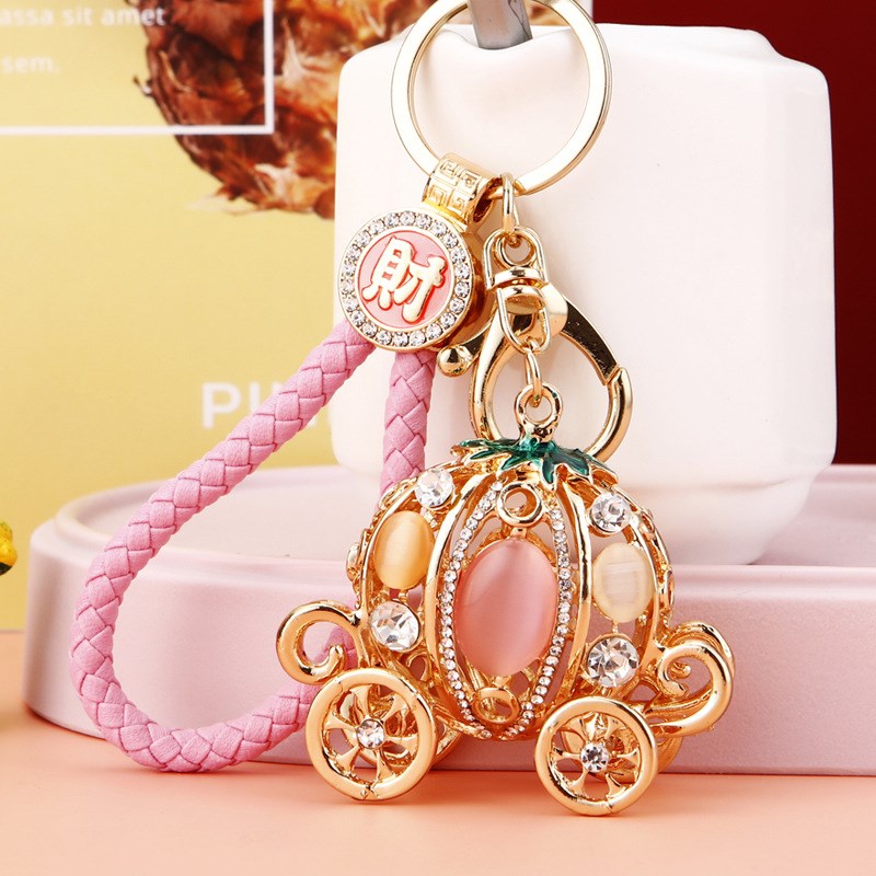 镶钻灰姑娘南瓜车汽车钥匙扣女韩版编织绳包挂件金属钥匙链圈礼品