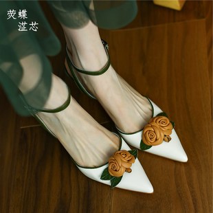 清新一字扣带包头复古细跟尖头凉鞋 女春夏季 真皮玫瑰花高跟鞋 法式