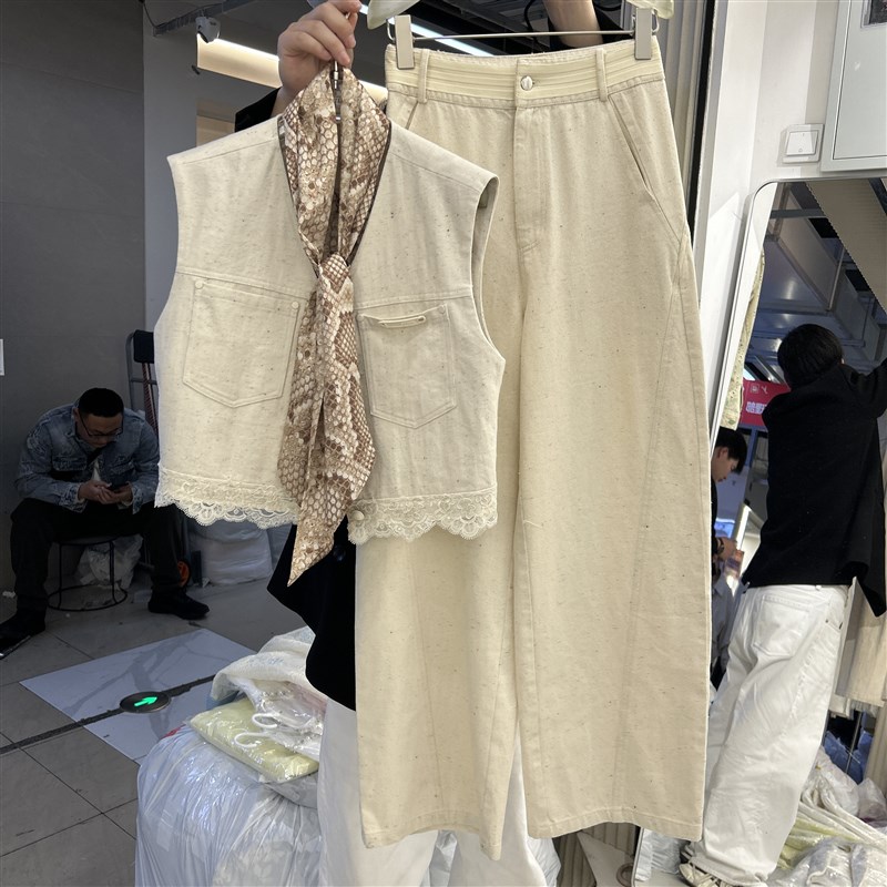 初夏牛仔马夹阔腿裤套装女休闲z一套搭配马甲上衣高腰长裤两件套
