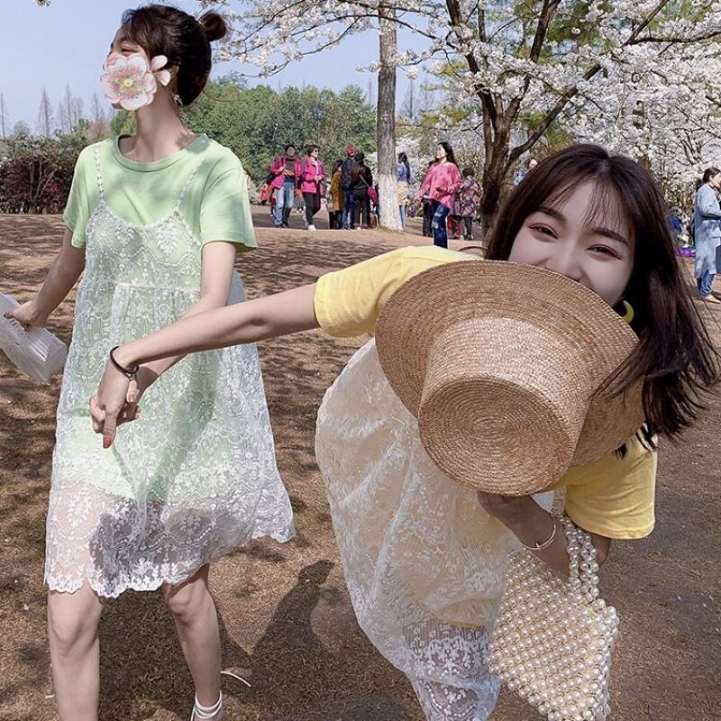 孕妇装夏套装时尚中长款洋气网纱裙夏天遮肚吊R带孕妇连衣裙两件