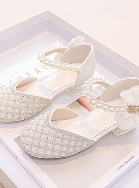 公主鞋女童凉鞋20n23新款水晶白色高跟女童鞋礼服夏季鞋儿童走秀