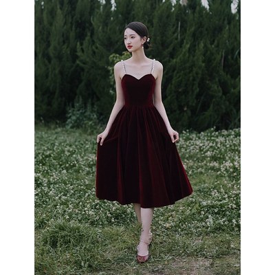 酒红色夏季小e个子新娘敬酒服订婚答谢宴礼服女高级感平时可穿吊