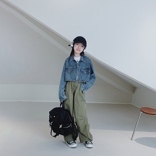 女童外套2024春装新款女v大童初中生短款牛仔儿童中学生时髦上衣