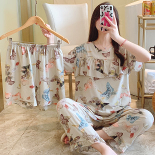 绵绸家居服人造棉套 短裤 防凸点三件套e棉绸睡衣女春秋夏短袖 长裤