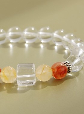 999银木鱼白水晶方糖手链女小众百搭高级感8mm红黄胶花手串