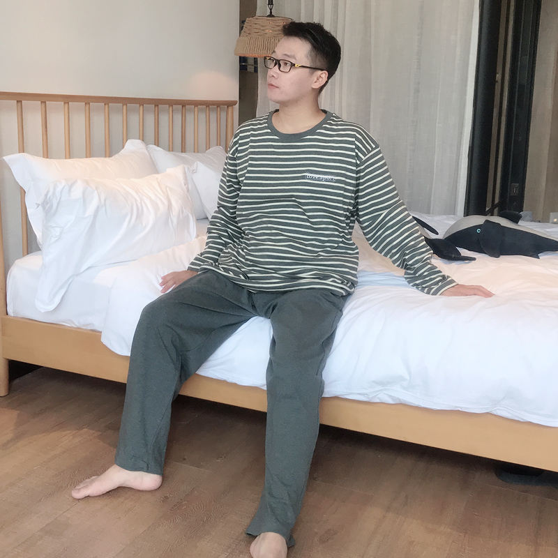 春夏款条纹长袖男k士纯棉加肥加大码睡衣秋天薄款可外穿家居服套