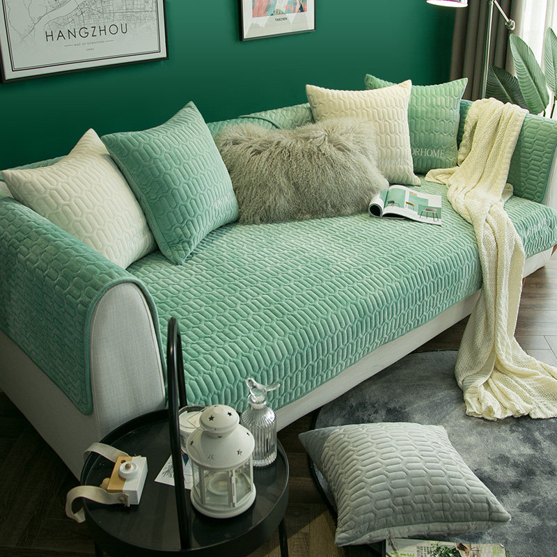 毛绒沙发垫布艺坐垫北欧简约时尚冬季现代纯色防R滑靠背套罩巾定