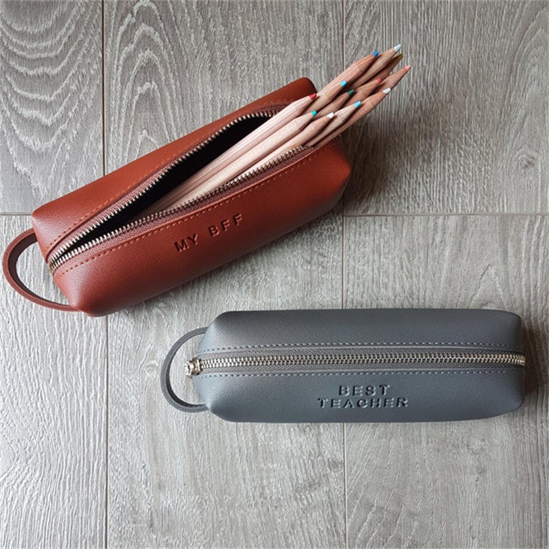 简约纯色皮革拉链笔袋学生办公文具收纳笔袋便捷大容量PU笔袋笔套