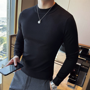 体恤上衣 半高领线衣t恤弹力修身 潮流毛衣男纯色针织衫 立领打底衫