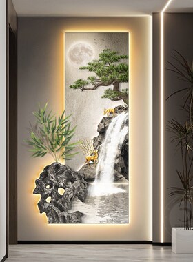 极速竹报平安玄关装饰画新中式流水生财茶室M挂画太湖石走廊带灯