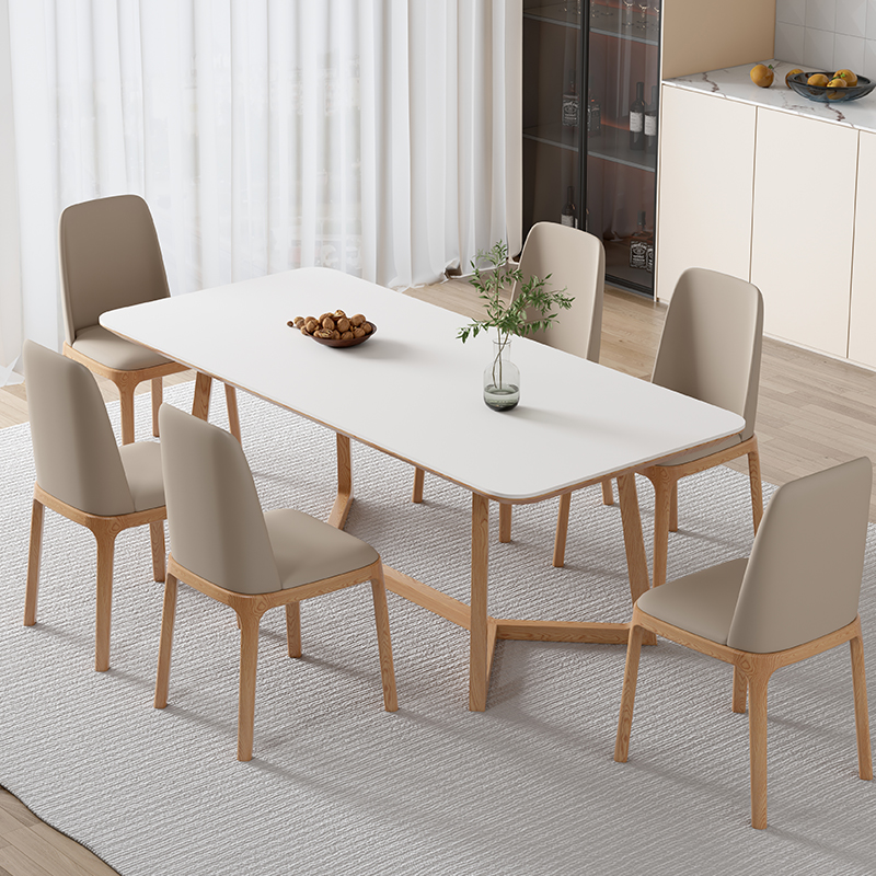 极速奶油风岩板餐桌轻o奢实木长方形饭桌家用小户型日式原木餐桌