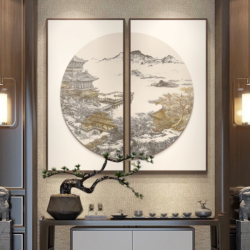 极速新中式装饰画客厅玄关双联挂画茶室书房酒Q店背景墙壁画禅意图片
