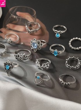 极速13pcs Retro Joint Ring hollowD chain flower Knuckle ring