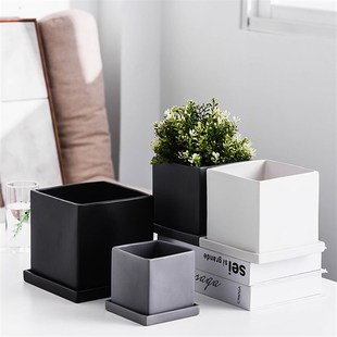 带托 北欧轻奢陶c瓷四方形花盆家用桌面创意网红绿植花卉简约风格