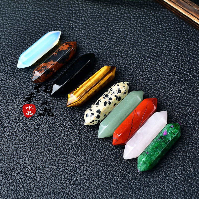 天然水晶原石双尖六棱柱摆件虎眼石粉水晶柱子DIYW吊坠饰品配饰