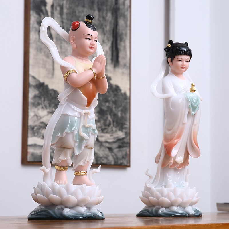新品汉白玉彩釉善财童子龙女金童玉女护I法观音菩萨佛像居家供奉