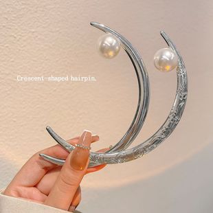 极速银色珍珠上弦月发簪女夏天y后脑勺盘发簪子旗袍汉服气质发钗