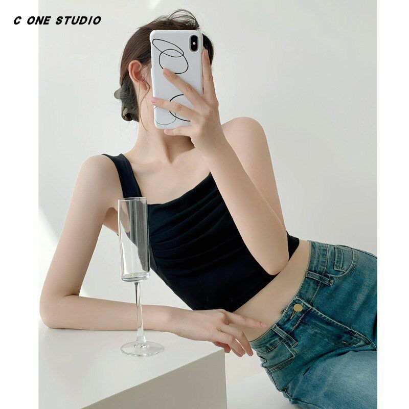 新品美式方领褶皱背心女装外穿夏季D带胸垫百搭内搭吊带无袖短款