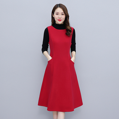 极速无袖毛呢背心k加厚呢子连衣裙打底大红色配大衣内搭两件套装