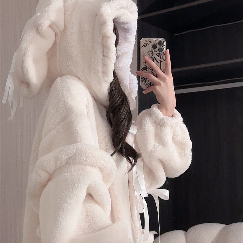 新品大码可爱珊瑚绒睡衣冬季女款睡袍2025新款S冬天加绒加厚长耳