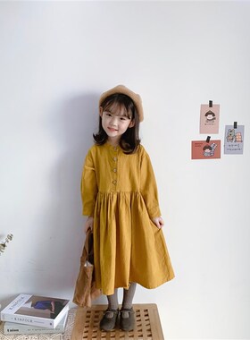 豆包君 2024春秋女童宝宝韩版棉麻小清新复古文艺范森系连身裙潮