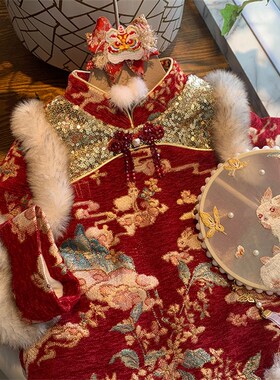 女童拜年服2024新款冬季装唐装周岁礼服小童女宝宝过年旗袍汉服裙