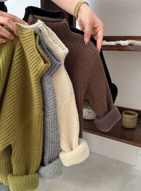 韩国儿童毛衣2024冬款男童半高领纯色加绒打底女童洋气套头针织衫