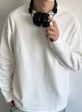 320g重磅白色圆领口袋长袖T恤男2024春秋季日系简约基础情侣拼接