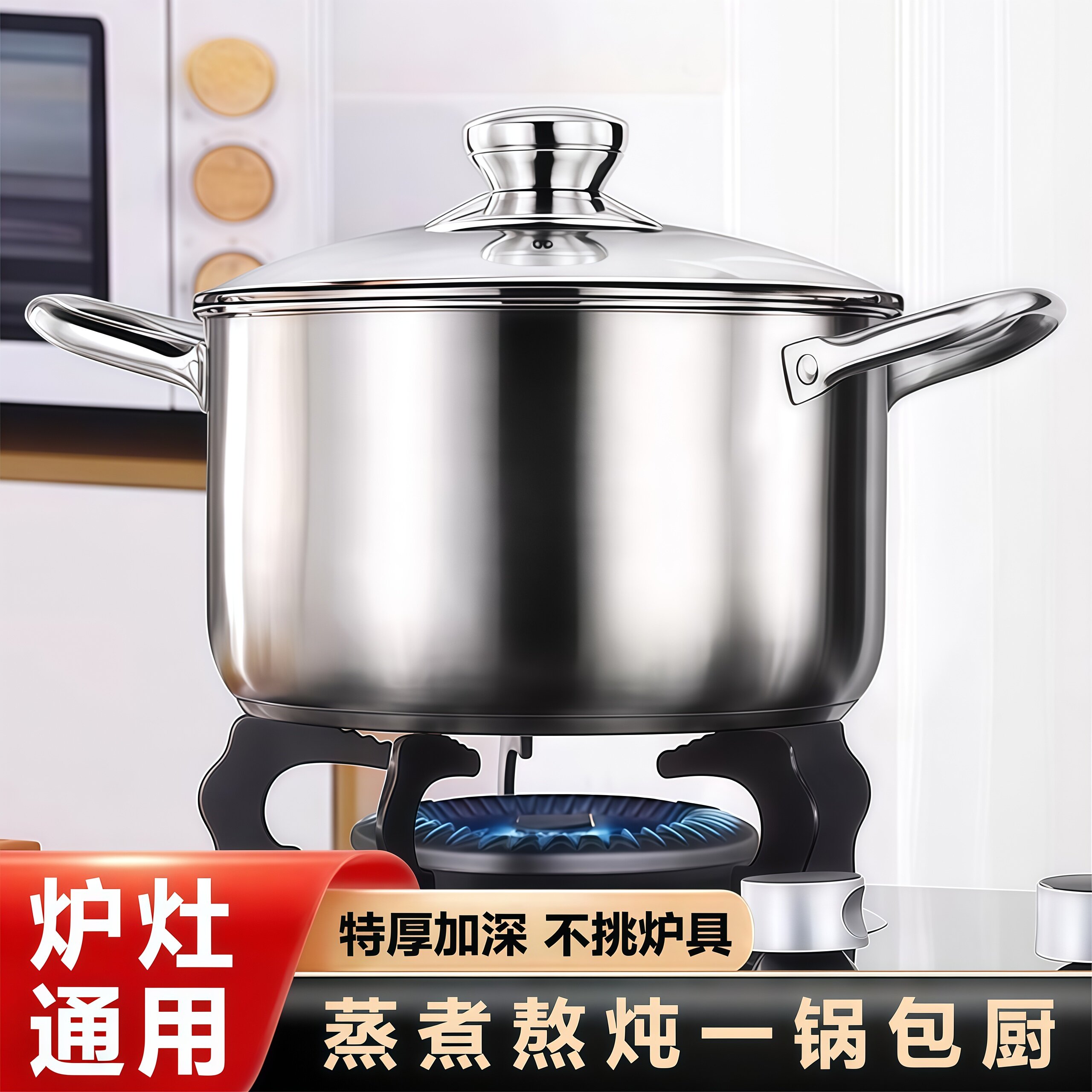 不锈钢汤锅家用特厚电磁炉煲汤煮粥锅奶瓶消毒蒸锅燃气炉双耳炖锅