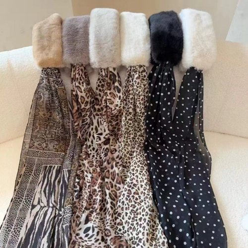 秋冬韩版东大门仿水貂毛绒毛领豹纹雪纺丝巾飘带拼接保暖百搭围脖