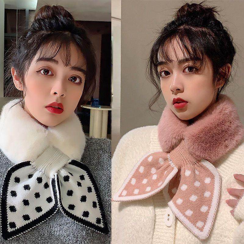 韩版波点毛绒围巾女秋冬保暖交叉围脖冬天加厚护颈脖套百搭潮