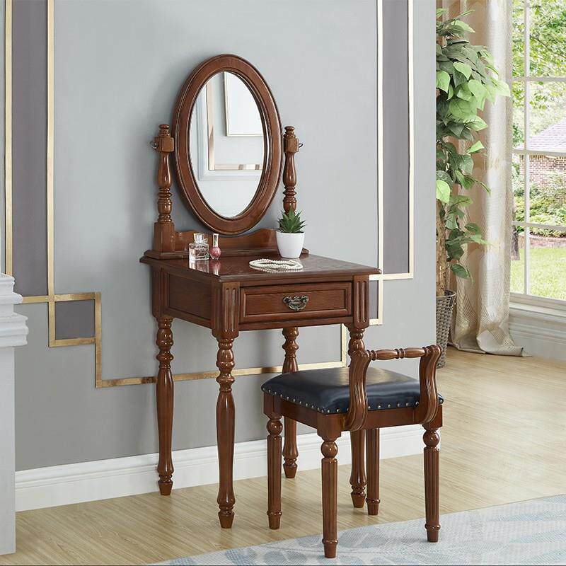 美式乡村实木梳妆台 简约卧室小户型欧式复古深色迷你小化妆桌