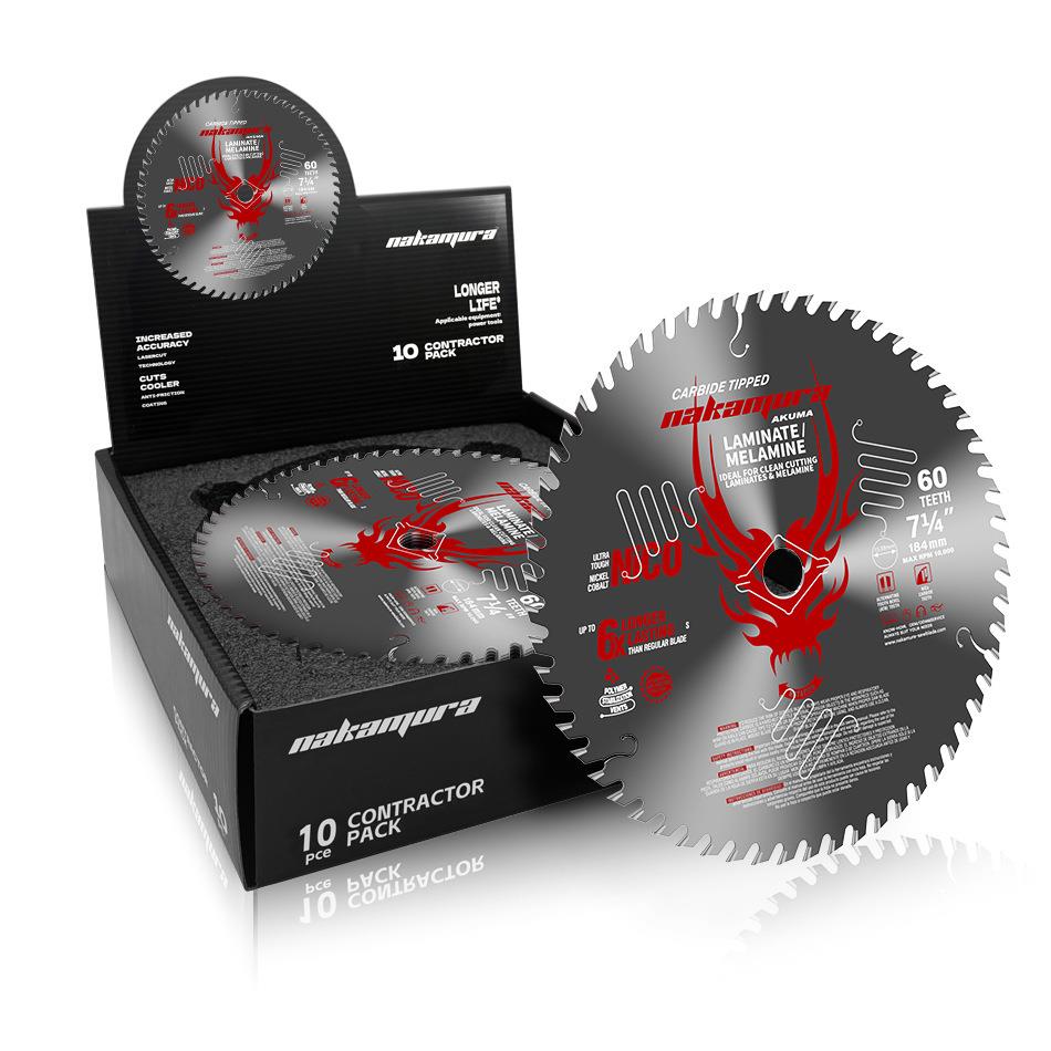 中村7 1/4英寸硬质合金AKUMA系列TCT10pcs木材切割184mm圆锯片60T