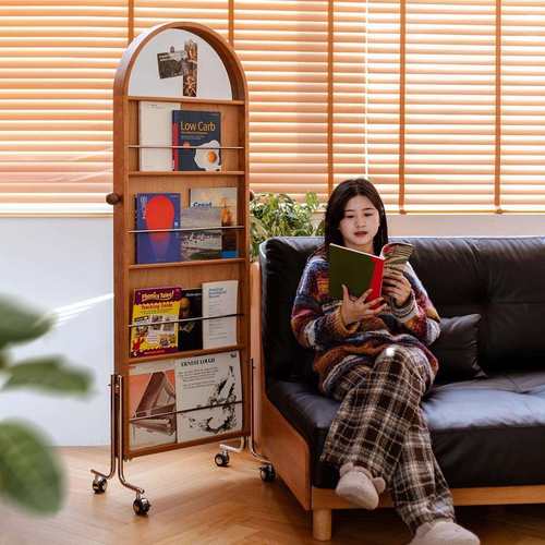 樱桃木杂志镜可移动穿衣镜实木落地全身试衣镜家用收纳镜子全身镜