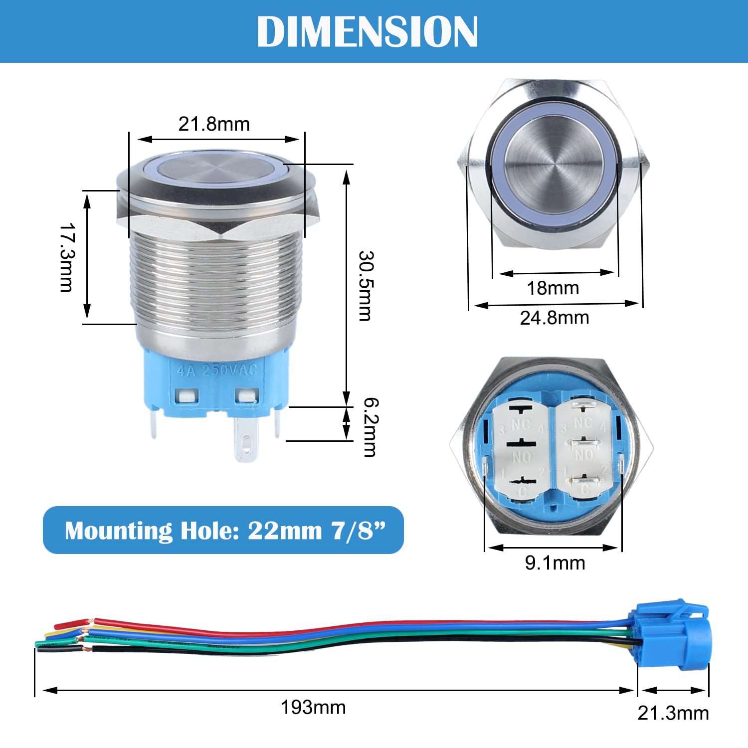 DMWD 2PCS 22MM 锁闭按钮开关防水 12V-24V 环 LED 1NO 1NC 自锁