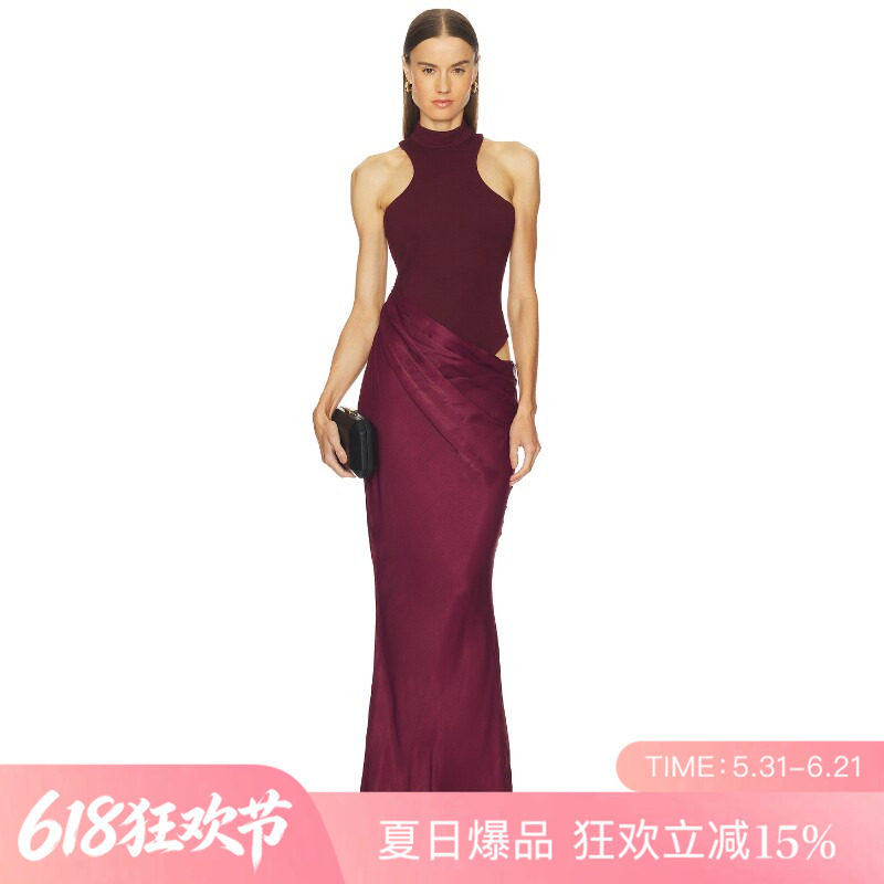 [夏季新品]REVOLVE酒红色挂脖缎面优雅修身吊带裙甜美