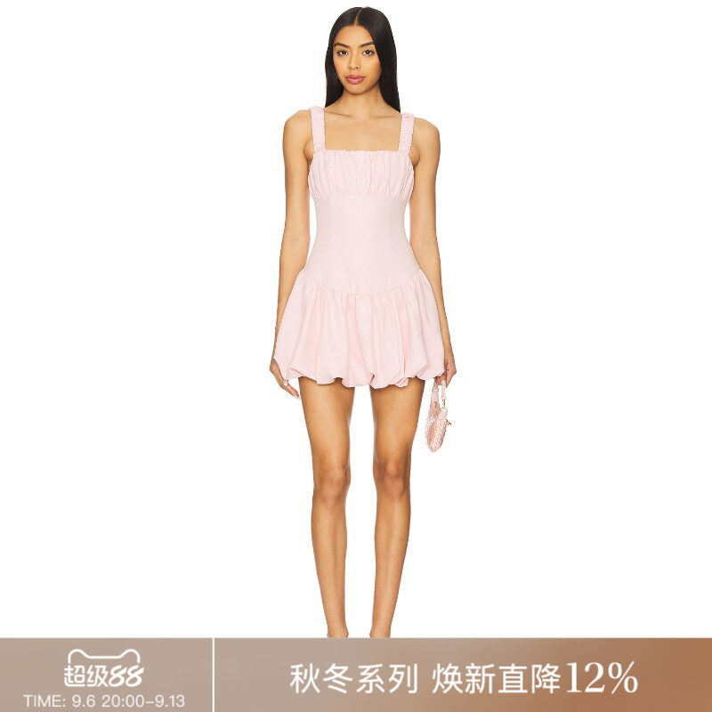REVOLVE浅粉方领褶皱甜美修身高腰无袖迷你裙七夕送礼
