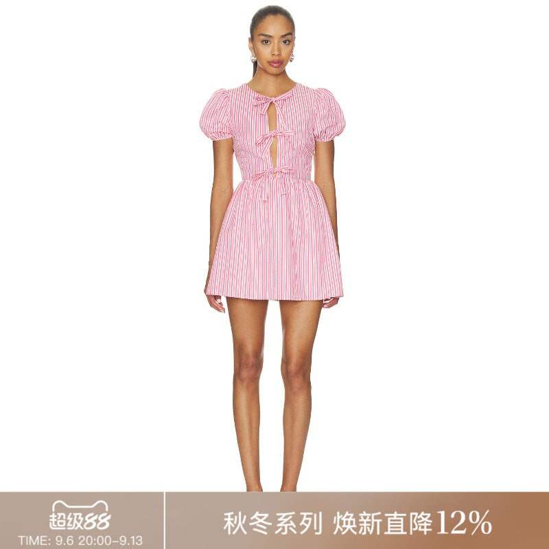 [早秋新品]REVOLVE粉色连衣裙条纹夏季蝴蝶结短裙送礼