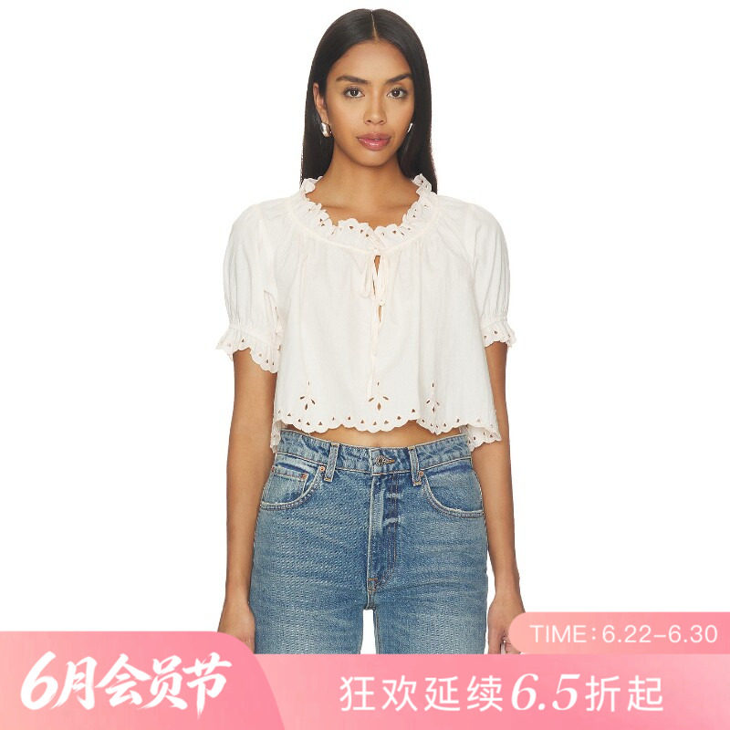 [夏季新品]REVOLVE白色褶皱显瘦收腰无袖修身T恤甜美短款上装