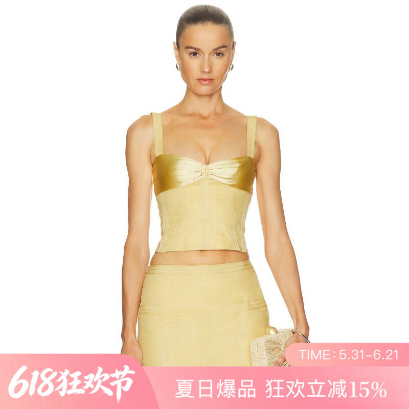 [夏季新品]REVOLVE黄色褶皱无袖短款修身背心抹胸缎面优雅上装