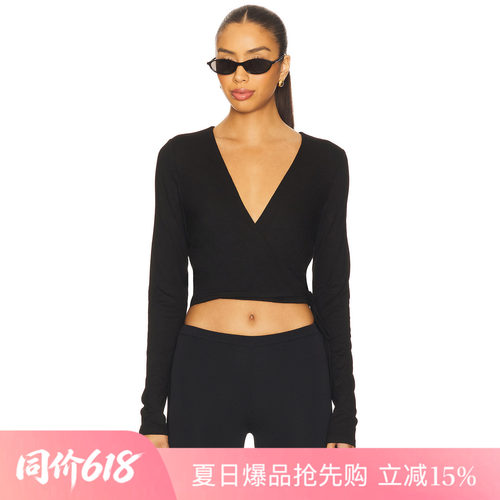 [夏季新品]REVOLVE黑色T恤简约深V绑带短款长袖酷飒上装