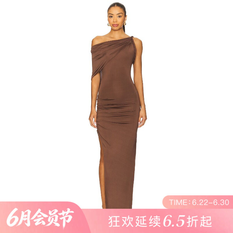 [夏季新品]REVOLVE棕色辣妹风百搭显瘦礼服短款单肩连衣裙
