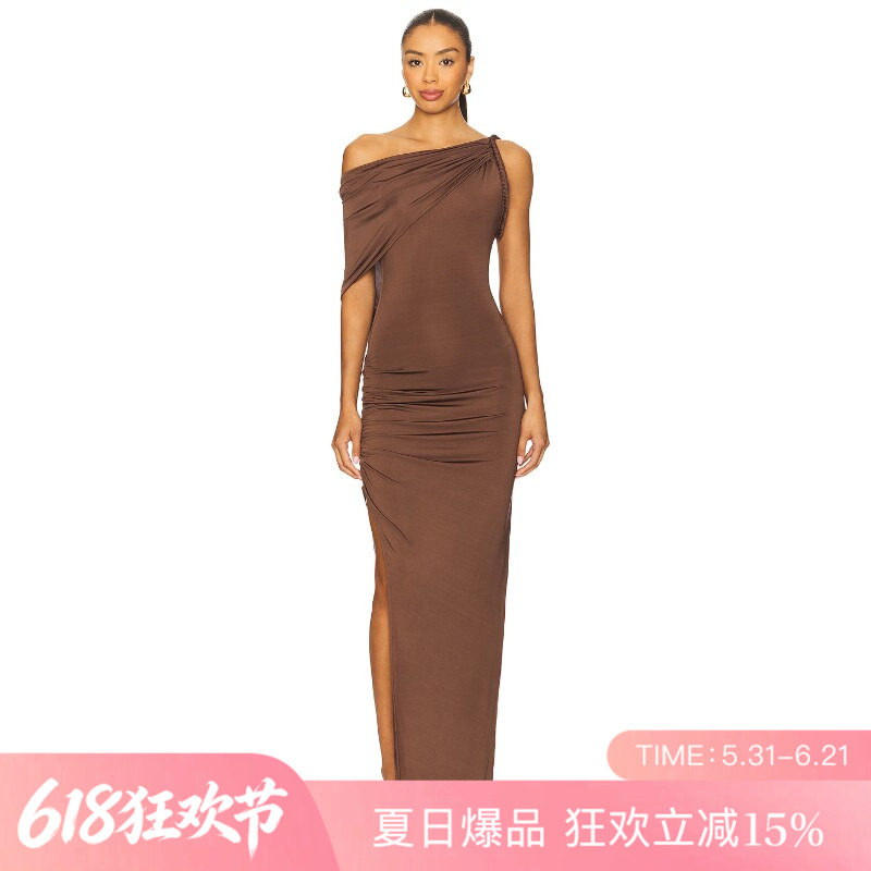 [夏季新品]REVOLVE棕色辣妹风百搭显瘦礼服短款单肩连衣裙