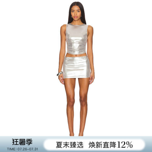 [夏季新品]REVOLVE银色圆领辣妹无袖包臀迷你裙甜美