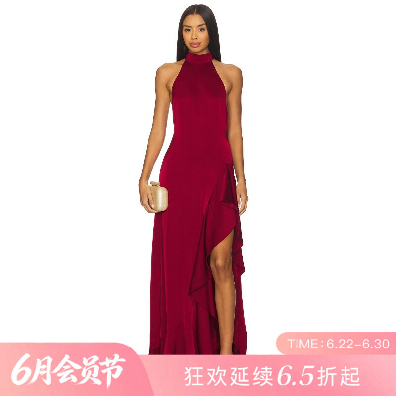[夏季新品]REVOLVE酒红色百搭显瘦礼服短款挂脖丝绒吊带裙