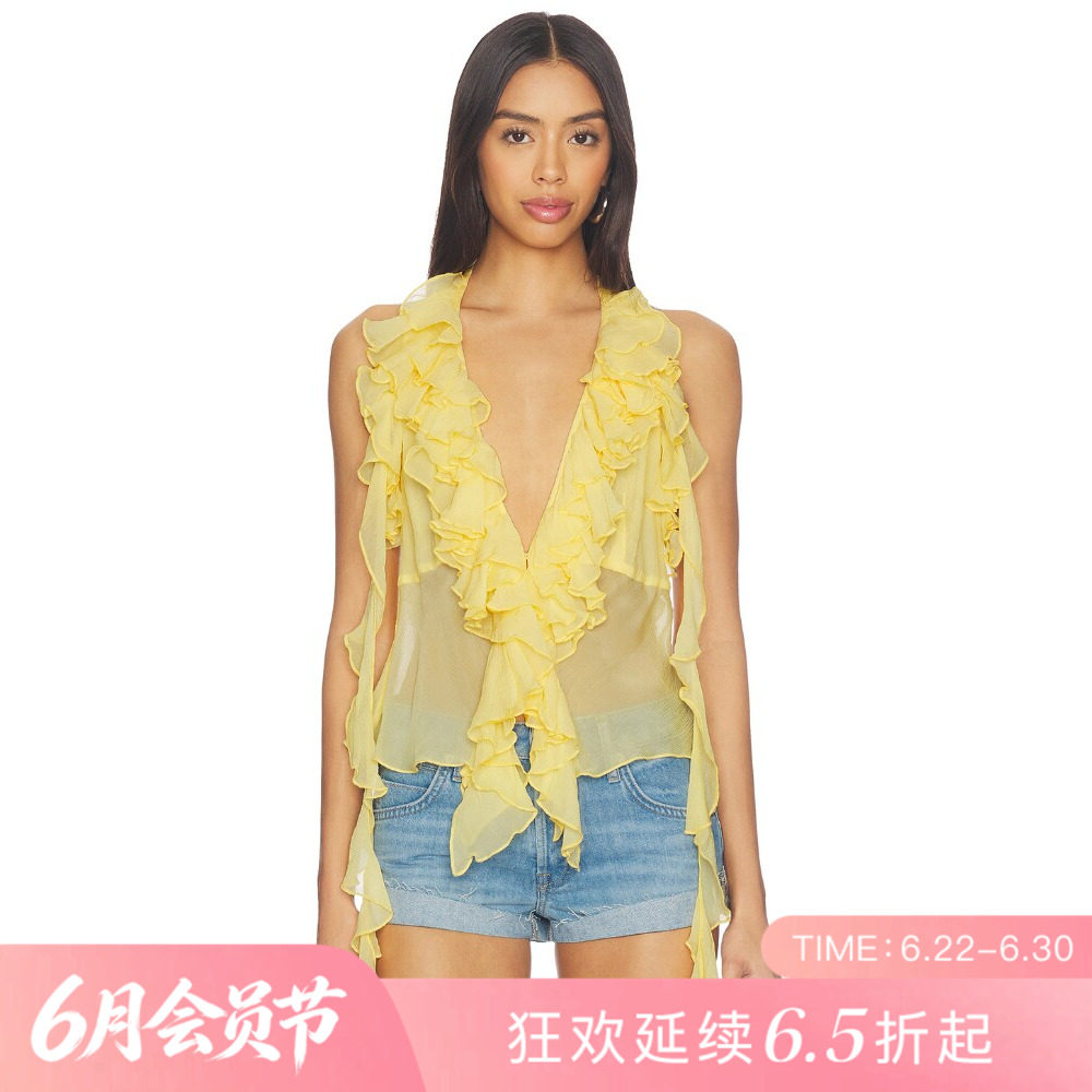 [夏季新品]REVOLVE黄色无袖短款修身背心荷叶边雪纺甜美上装